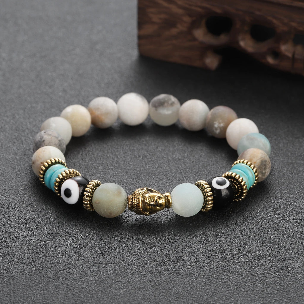 Classic Buddha&Evil Eye Bracelet Women Men 10mm Round Turquoises Blue Stone Bangles Handmade Elastic Yoga Bracelet