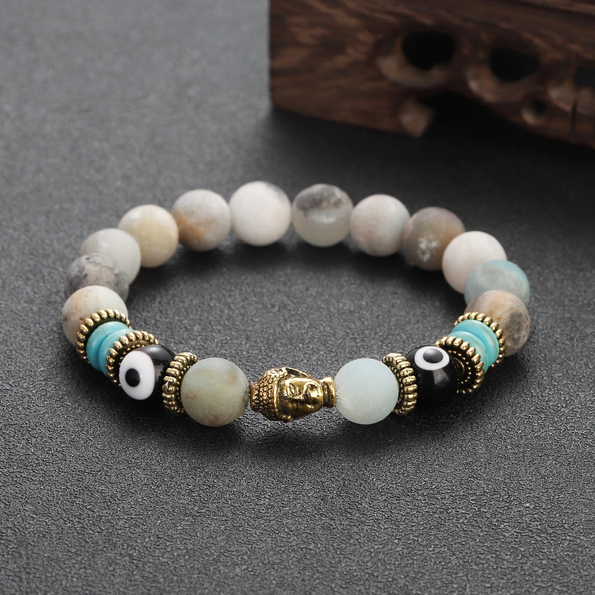 Classic Buddha&Evil Eye Bracelet Women Men 10mm Round Turquoises Blue Stone Bangles Handmade Elastic Yoga Bracelet