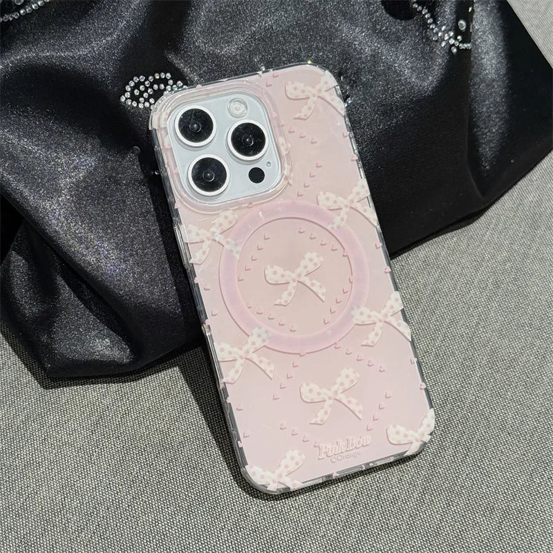 Lovely Magnetic Phone Case For iPhone 16 Pro 15 14 13 Pro Max 15Pro Cover with Pearl Bowknot Stand Shockproof Cases for Magsafe