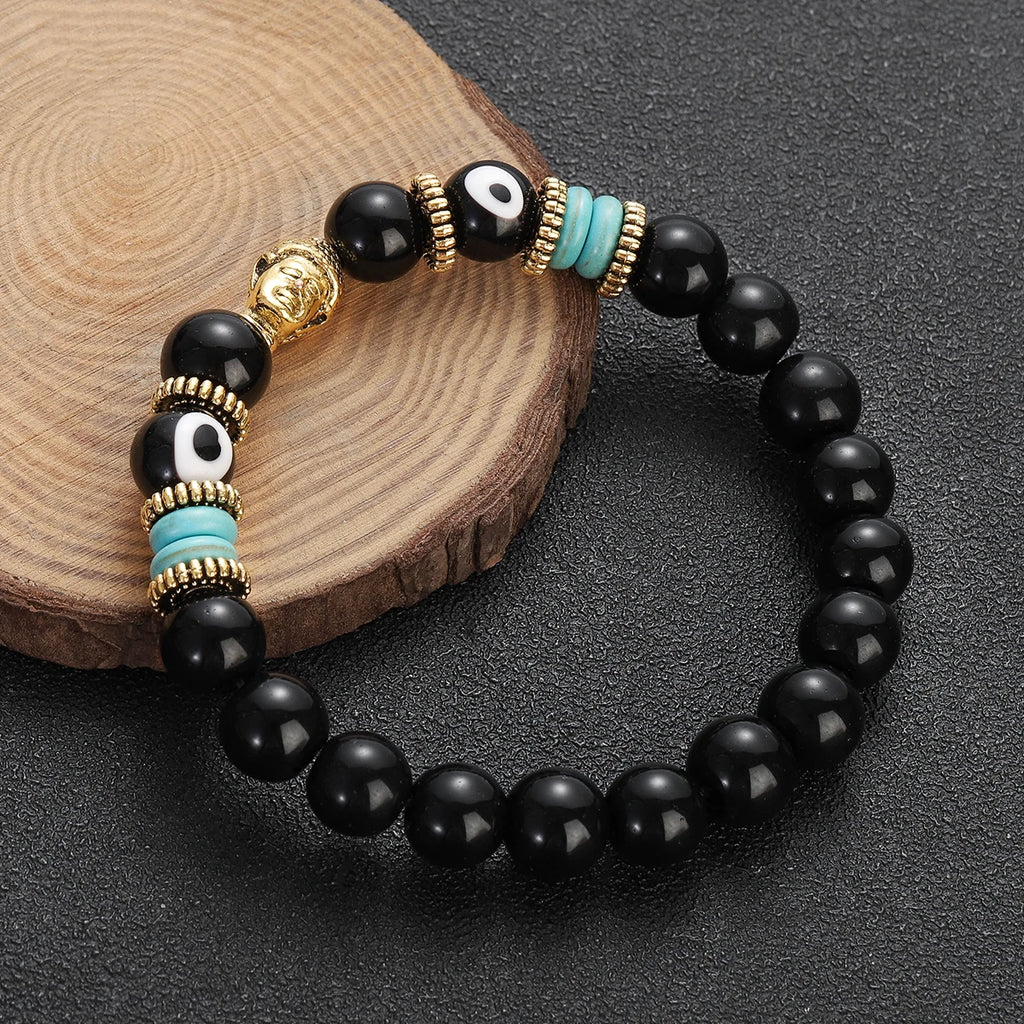 Classic Buddha&Evil Eye Bracelet Women Men 10mm Round Turquoises Blue Stone Bangles Handmade Elastic Yoga Bracelet