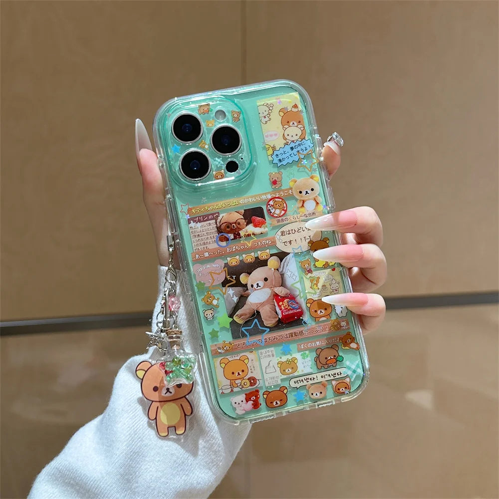 Kawaii Rilakkuma Cartoon Phone Case for iPhone 17 16 15 Pro16 Max 17 Pro Max Cover Cute Shockproof Funda Capa With Charm Cases