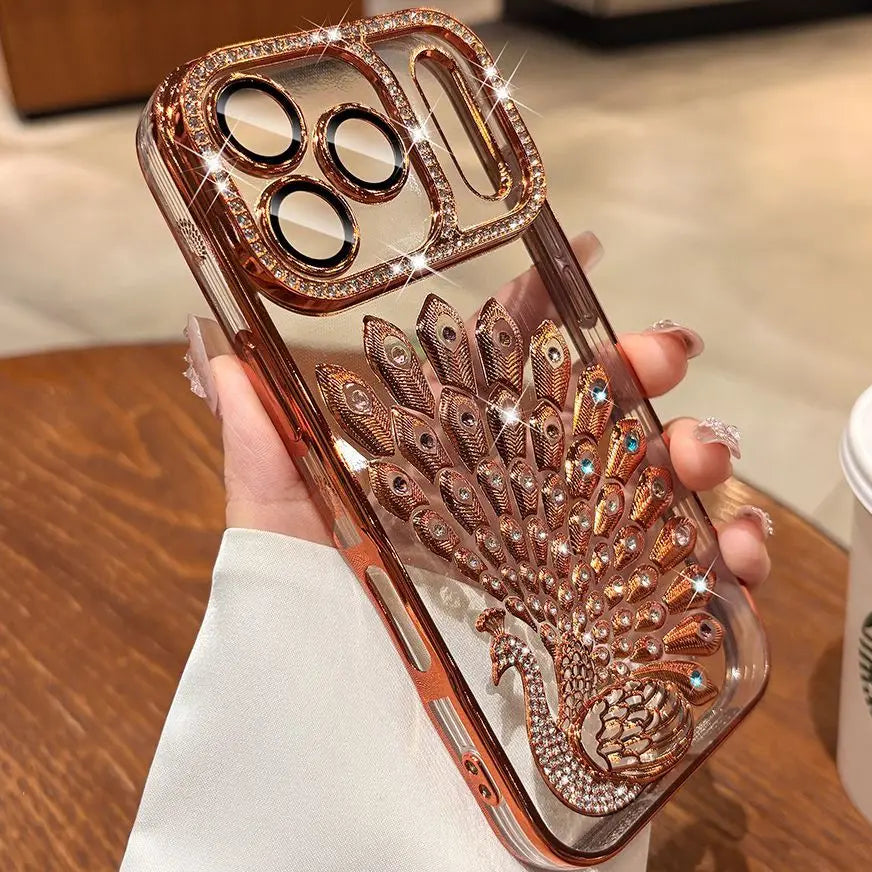 Luxury Plating Peacock Glitter Diamond Phone Case for iPhone 17 Pro Max Air 17 Pro 16 15 14 13 Soft Clear TPU Lens Film Cover