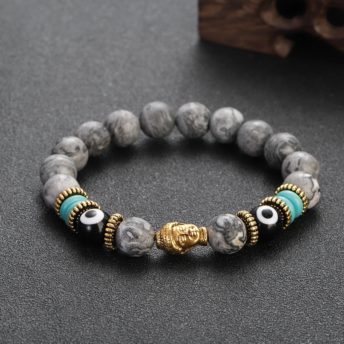 Classic Buddha&Evil Eye Bracelet Women Men 10mm Round Turquoises Blue Stone Bangles Handmade Elastic Yoga Bracelet