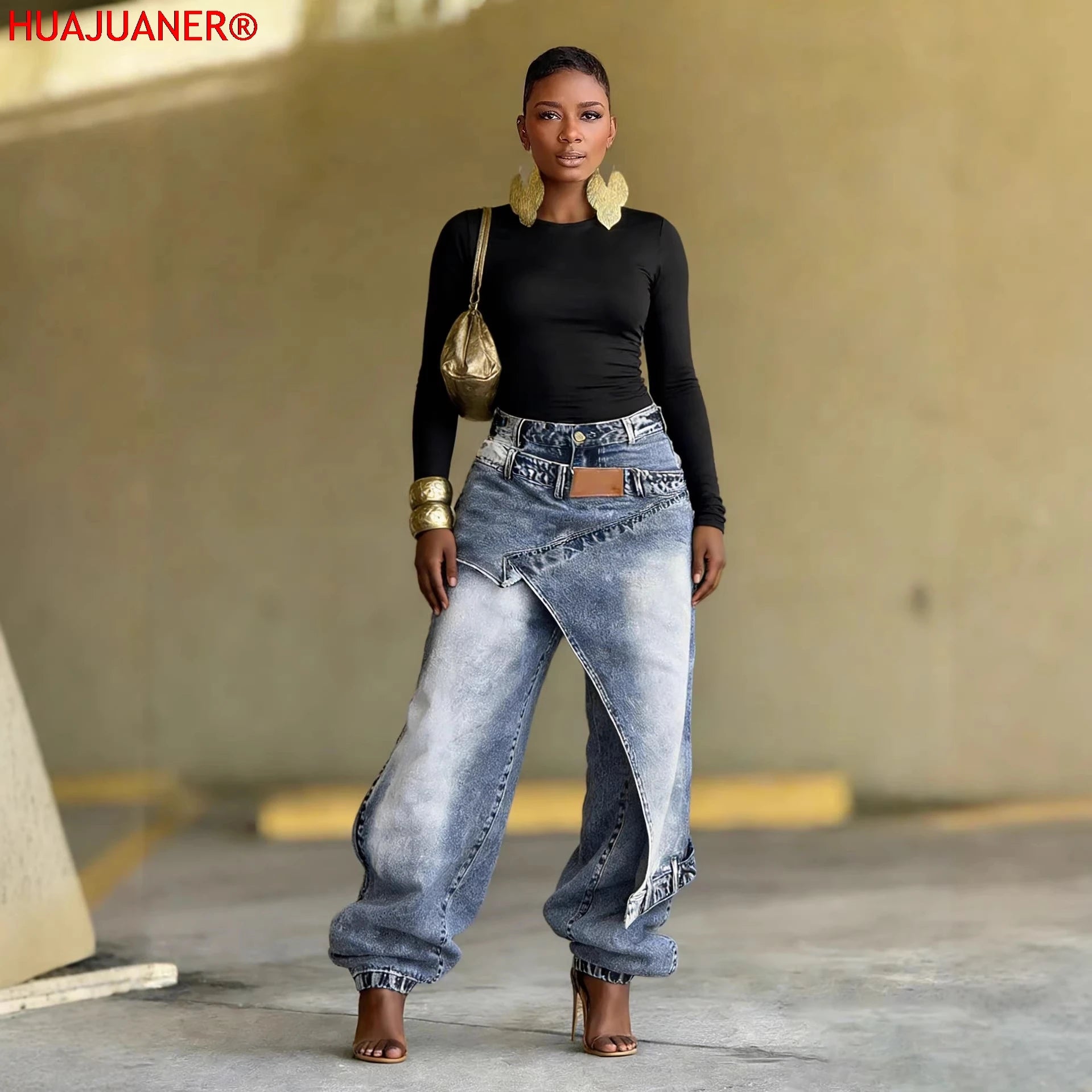Jeans Women Vintage Wide Leg Pants Denims Washed Streetwear Patchwork Patches Straight Trousers Distressed Floor Length 2026