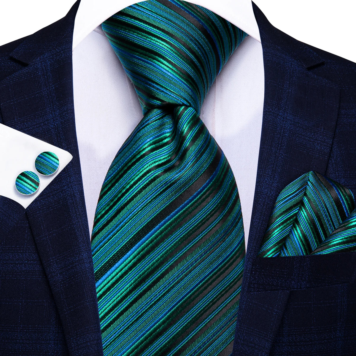 Hi-Tie Burgundy Blue Striped Men Elegant Necktie Handkerchief Cufflinks for Tuxedo Fashion Classic Silk Luxury Tie for Man