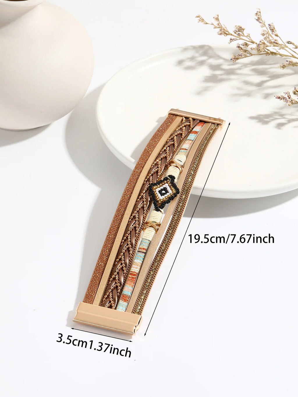 Multilayer Handwoven Leather Bracelet for Women Magnet Buckle Wide Bracelet Rice Bead Woven Devil's Eye Leather Bracelet Bangle