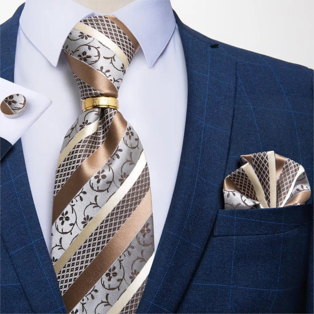 Men's Tie Handkerchief Cuffink Necktie Set Jacquard Woven Silk Blue Wedding Formal Business Party Necktie Ring Set DiBanGu