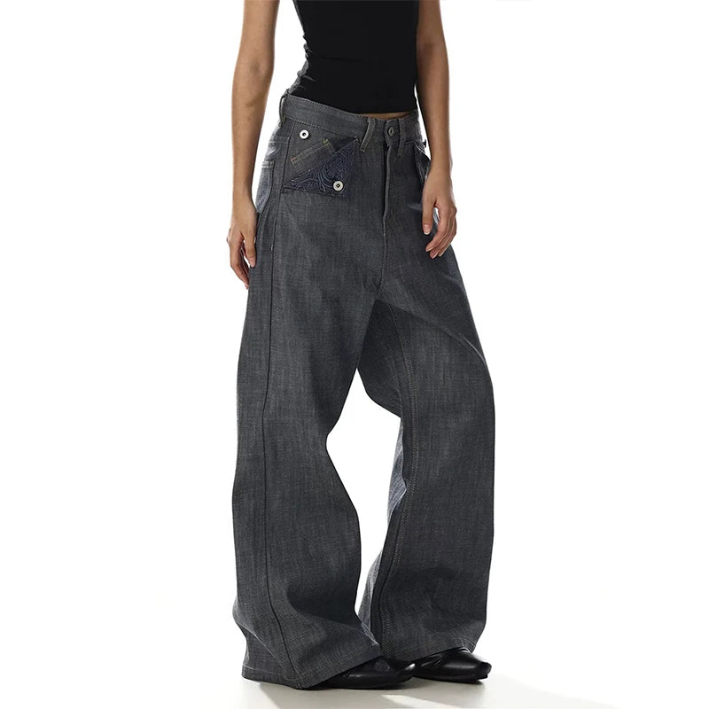 Summer Streetwear Vintage Loose Wide Leg Casual Pants Straight Cut Versatile Original Cow Denim Jeans Low Waist Embroidered
