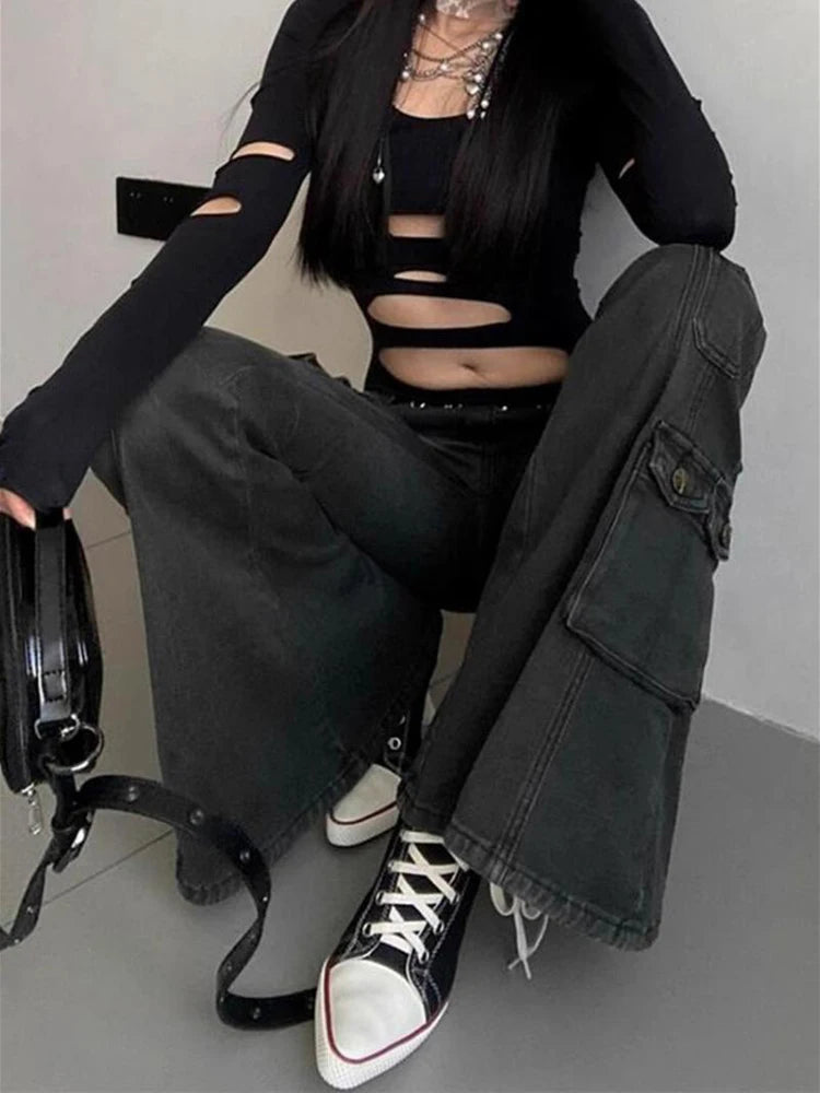 Black Low Waist Cargo Jeans 2000s Distressed Whiskers Multi-pocket Stretch Bootcut Pants Women Retro Grunge Streetwear