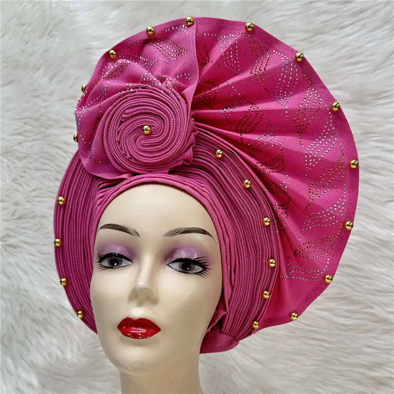 High Quality African Nigeria Gele Elegant Helmet With Stones Headband Turban Head Scarf Head-Hat Auto Gele Brand New Hats 7L1181