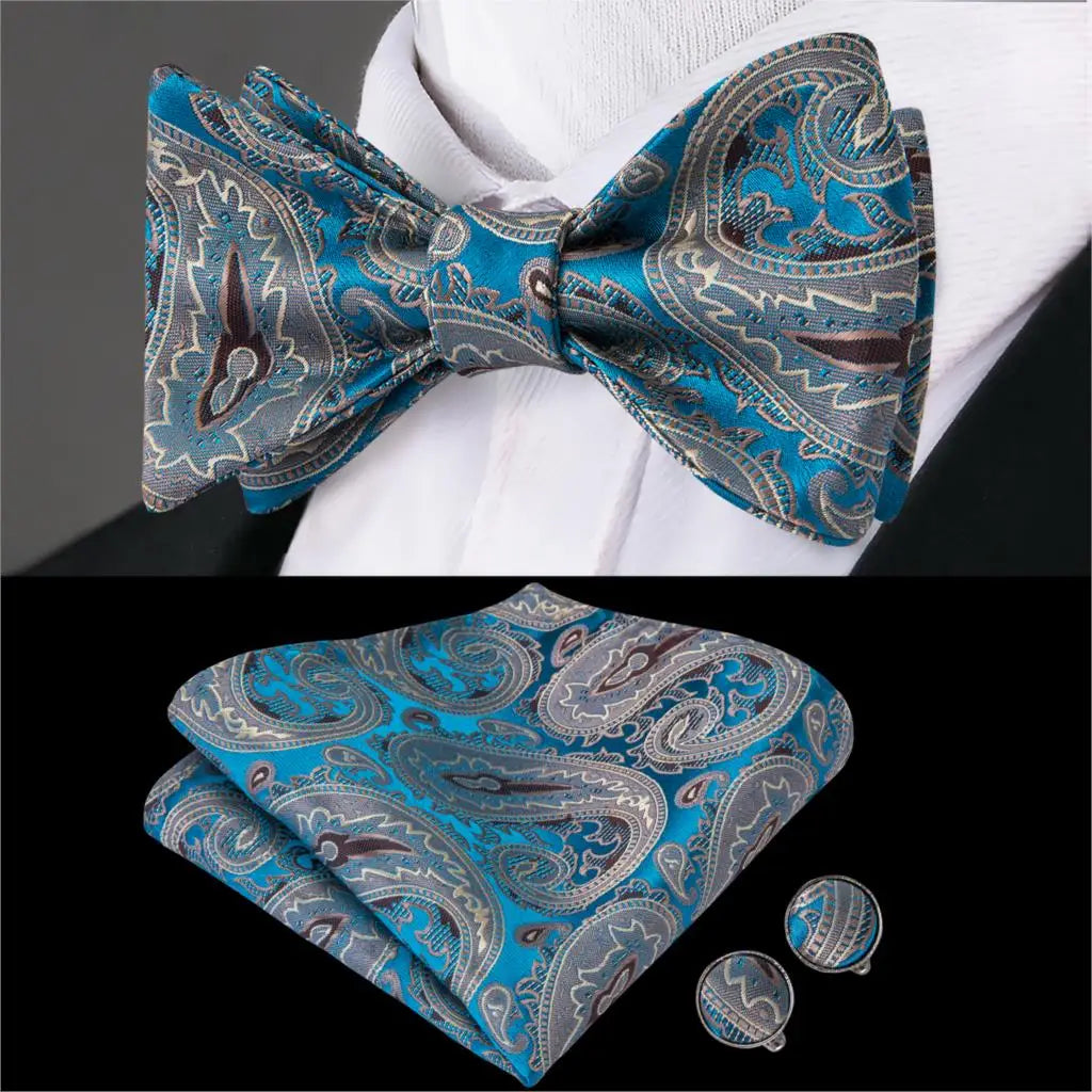 Hi-Tie Adjustable Butterfly Self Bow Tie for mens 100% Silk Floral Paisley Male Classic Wedding Party Golden Red Bow Tie Set