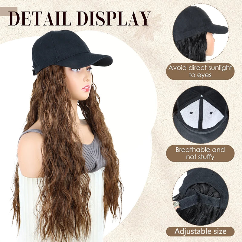 Hat Wig for Women, Integrated Design Baseball Cap Wig, Synthetic Long Curly Wavy Hair Extensions, Adjustable Black Baseball Cap