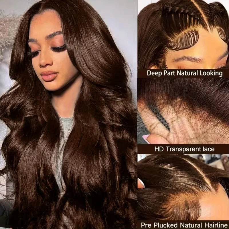 46 Inch Chocolate Brown Lace Frontal Human Hair Wig 250 Density Pre Plucked Brown Hair Wig 5X5 HD Body Wave Lace Front Wig Human