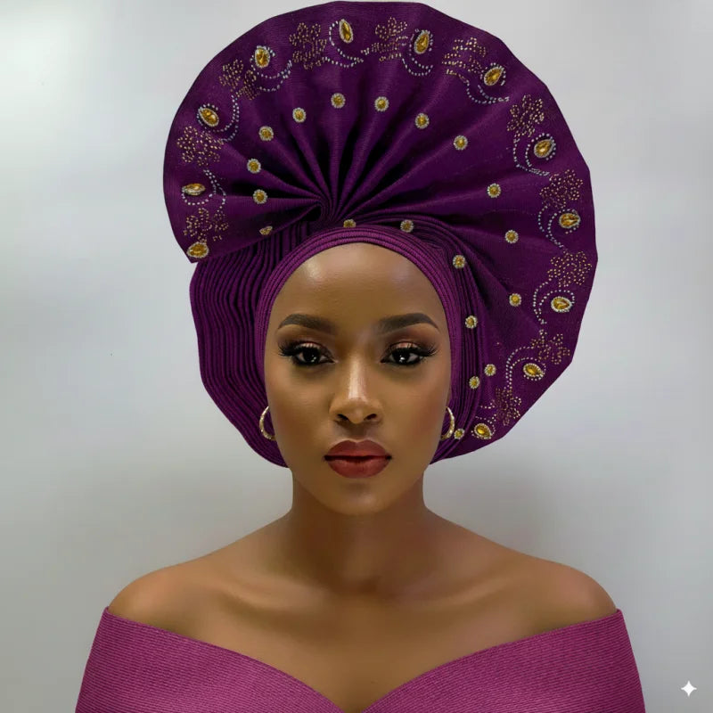 High Quality African Nigeria Gele Elegant Helmet With Stones Headband Turban Head Scarf Head-Hat Auto Gele Brand New Hats 7L1181