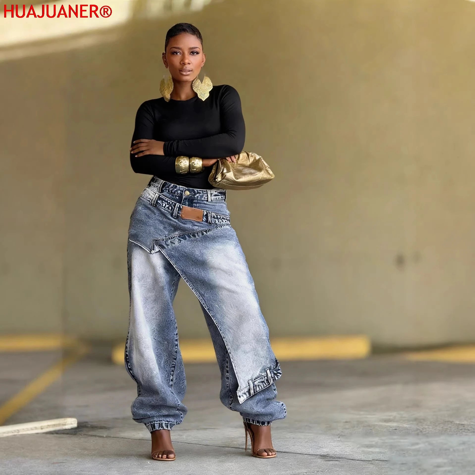 Jeans Women Vintage Wide Leg Pants Denims Washed Streetwear Patchwork Patches Straight Trousers Distressed Floor Length 2026