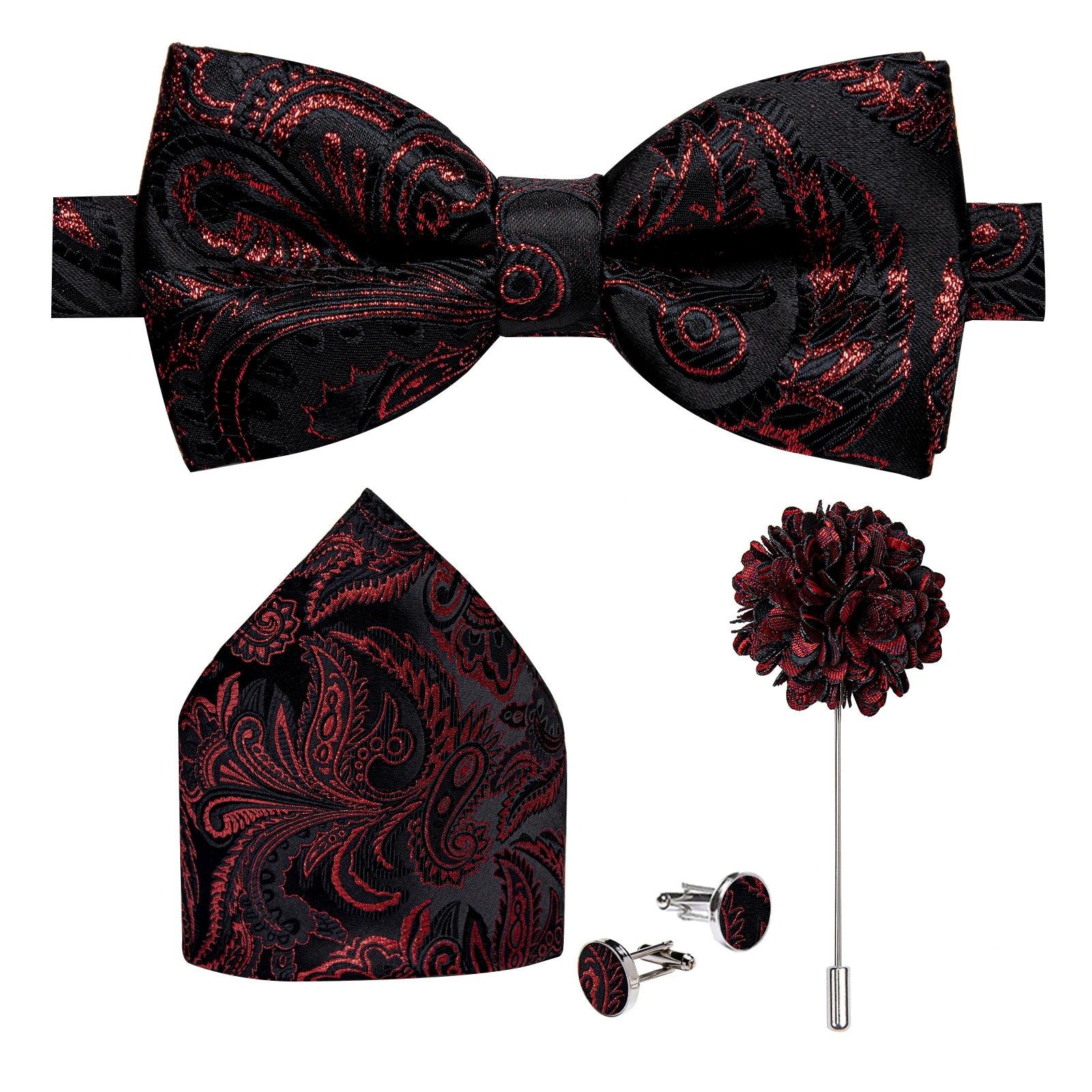 Wedding Bow Tie for Men Classic Red Pre-tied Bowtie Cufflinks Corsage Set for Party Butterfly Knot Gift Man Accessories