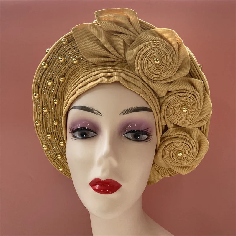 High Quality African Nigeria Gele Elegant Helmet With Stones Headband Turban Head Scarf Head-Hat Auto Gele Brand New Hats 7L5191