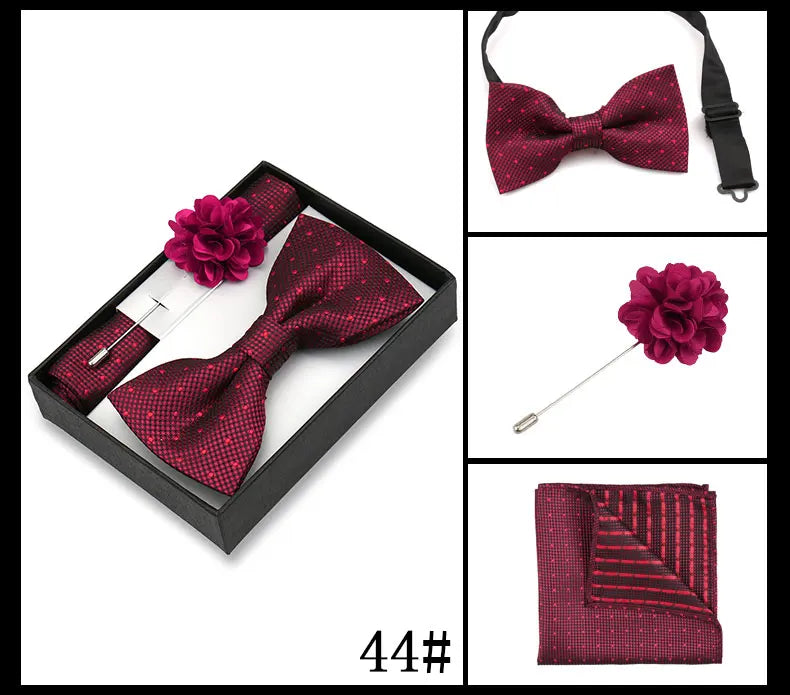 Classic High Quality Bow Tie Set Box Gift For Men Fashion Elegant Bowtie Handchief And Brooch Set Wedding Business Accessories