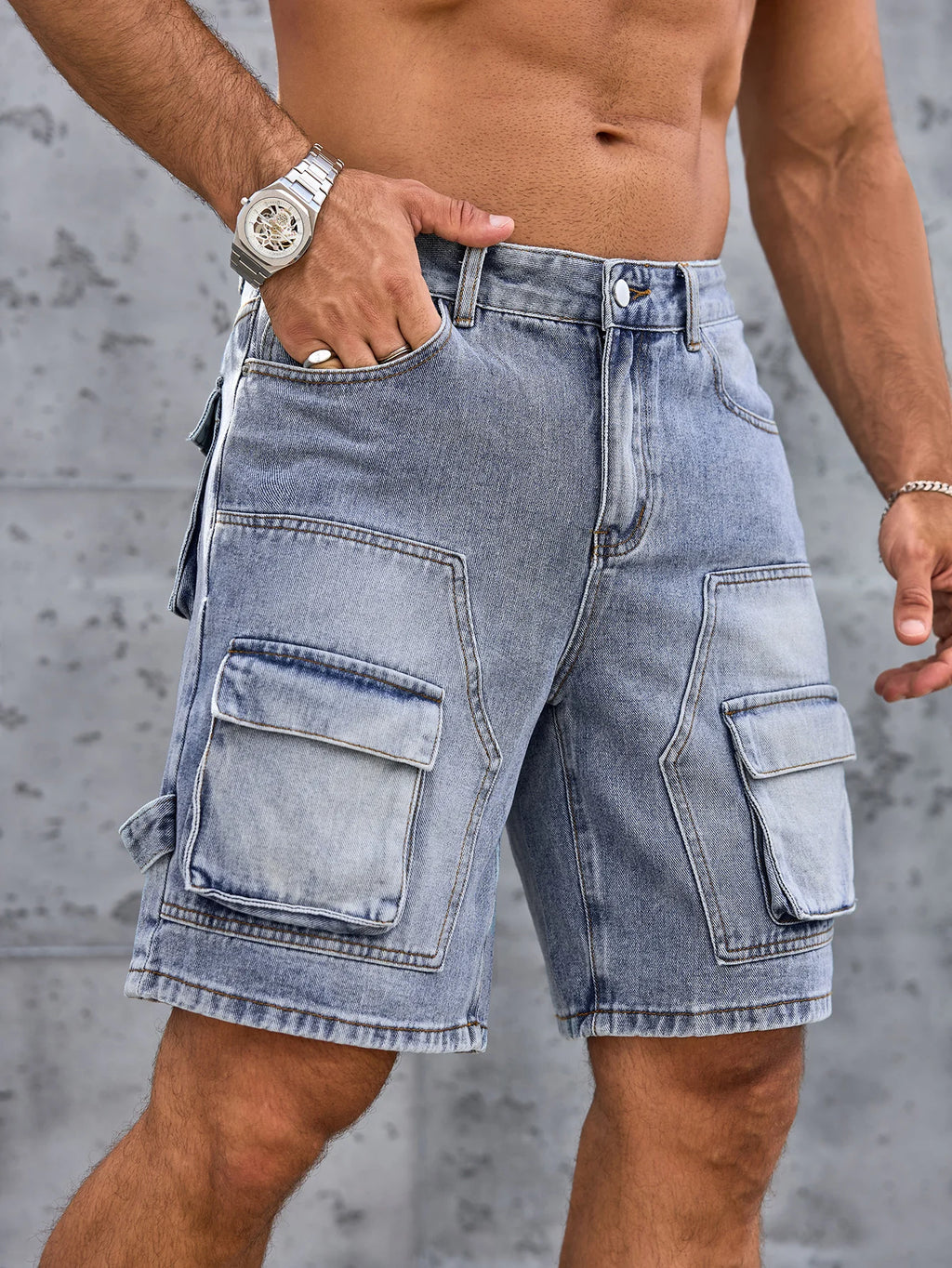 Jeans Workwear Denim Shorts Man Blue Slim Fit Stretch Vintage Straight Jeans