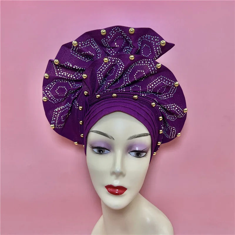 High Quality African Nigeria Gele Elegant Helmet With Stones Headband Turban Head Scarf Head-Hat Auto Gele Brand New Hats 7L5191