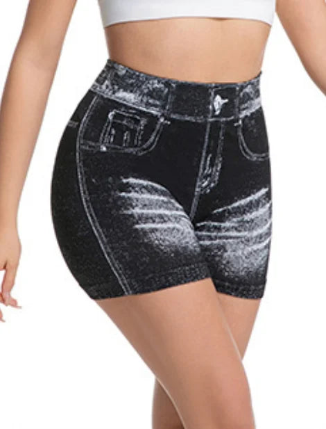 Jeans-like seamless yoga shorts with a V-shaped back, designed to enhance the posterior and provide quick-drying, form-fitting r