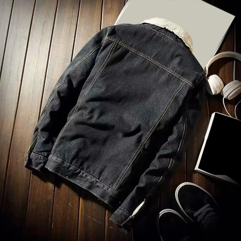 Men Jean Jacket Thicken Lamb Cashmere Lining Men Denim Coat Solid Color Coldproof Outerwear Winter Single Breasted Men Jean Coat