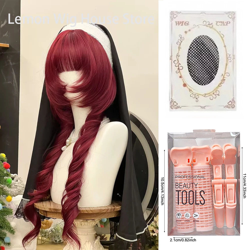 Double Ponytail Long Curly Hair Wig with Bangs Synthetic Hair Cute Lolita Wigs for Women Daily Party Cosplay Wig Heat Resistant