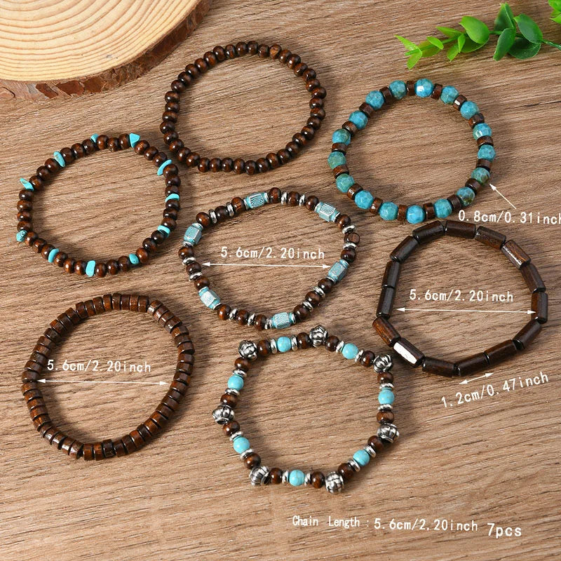 Bohemian Multilayer Bracelet Set Wood Beaded Turquoise Accent Retro Ethnic Charm Wristband Stackable Hand Jewelry for Men Women