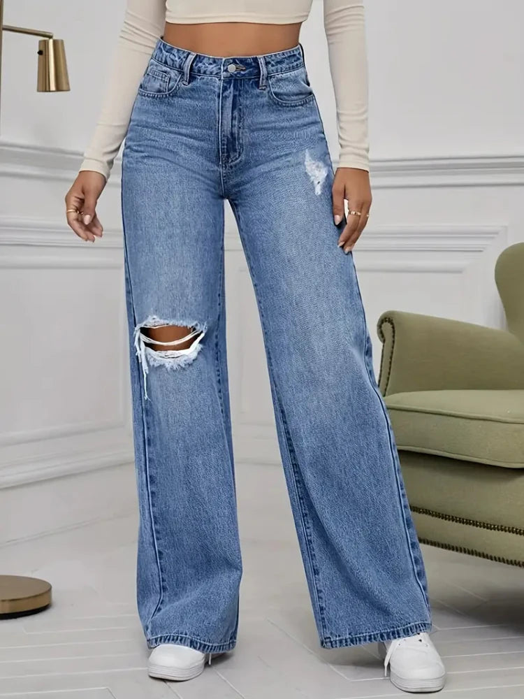 Women's Jeans Denim Pants Wide Leg Vintage Distressed Ripped Trousers 2026 Streetwear Washed Pockets Floor Length Hole Jeans
