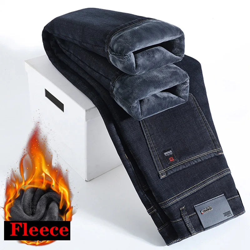 High Quality Men Fleece Jeans Business Casual Slim Straight Denim Trousers Autumn Winter New Plus Size Thickened Warm Men Pants