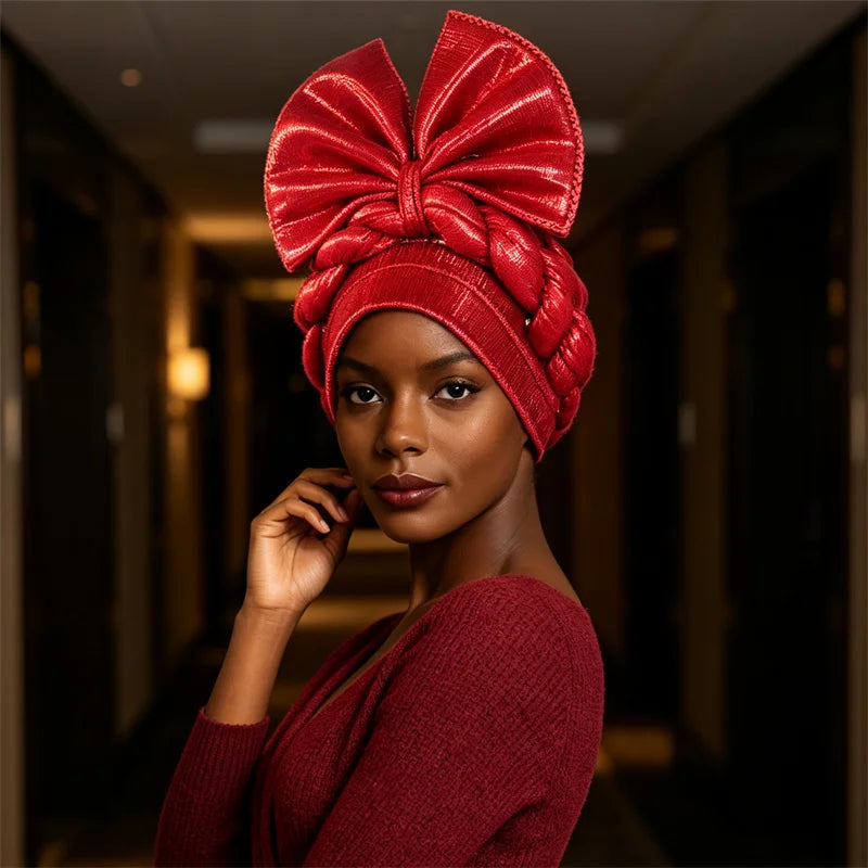 African Lady Head Wraps Nigeria Autogele Headtie Wedding Party Headgear Turbante Mujer Exaggerated Bow Turban Cap for Women Hat