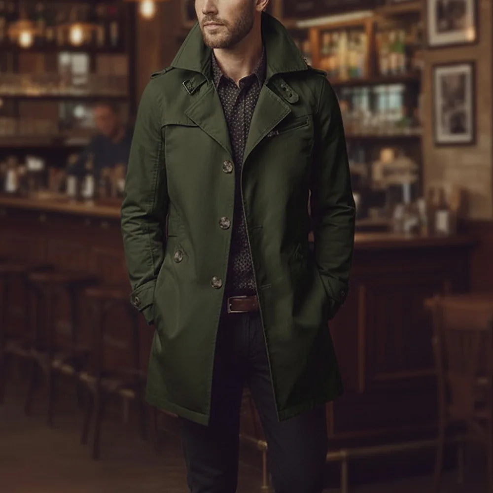 Men's Slim Notched Collar Single Breasted Cotton Jacket Office Casual Business Trench Coat