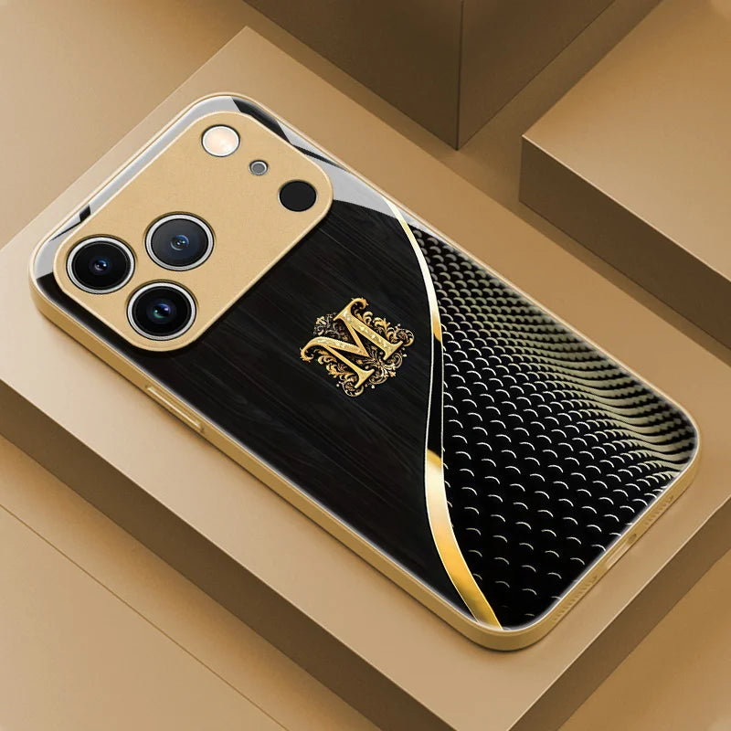 Elegant Gold Initial M Phone Cover fashion phone cases For iphone 17 case Glass Phone Case for iPhone 17、16、15、14、13、pm Pro Plus