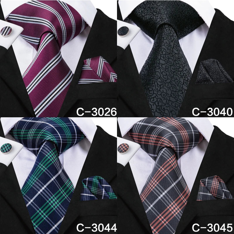 C-3014 Hi-Tie Men Tie Silk Necktie Plaid Brown Ties for Men High Quality Hanky Cufflinks Set Men's Wedding Pocket Square Tie Set