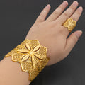 Arab Luxury Gold Plated Bracelet Ring Copper Large Bangle Jewelry Set for Women Adjustable Ring Design Fashion Wedding Jewelry