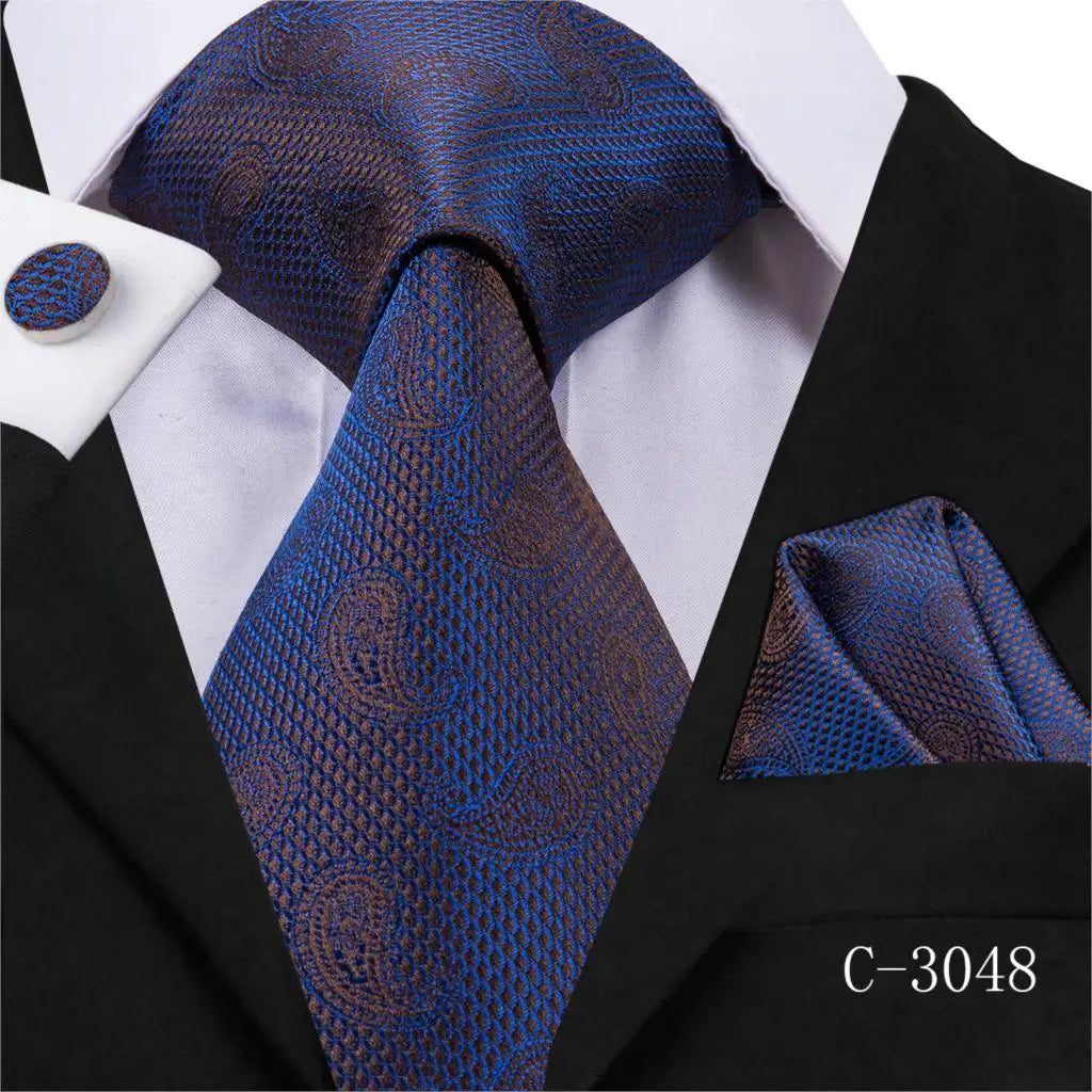 C-3014 Hi-Tie Men Tie Silk Necktie Plaid Brown Ties for Men High Quality Hanky Cufflinks Set Men's Wedding Pocket Square Tie Set