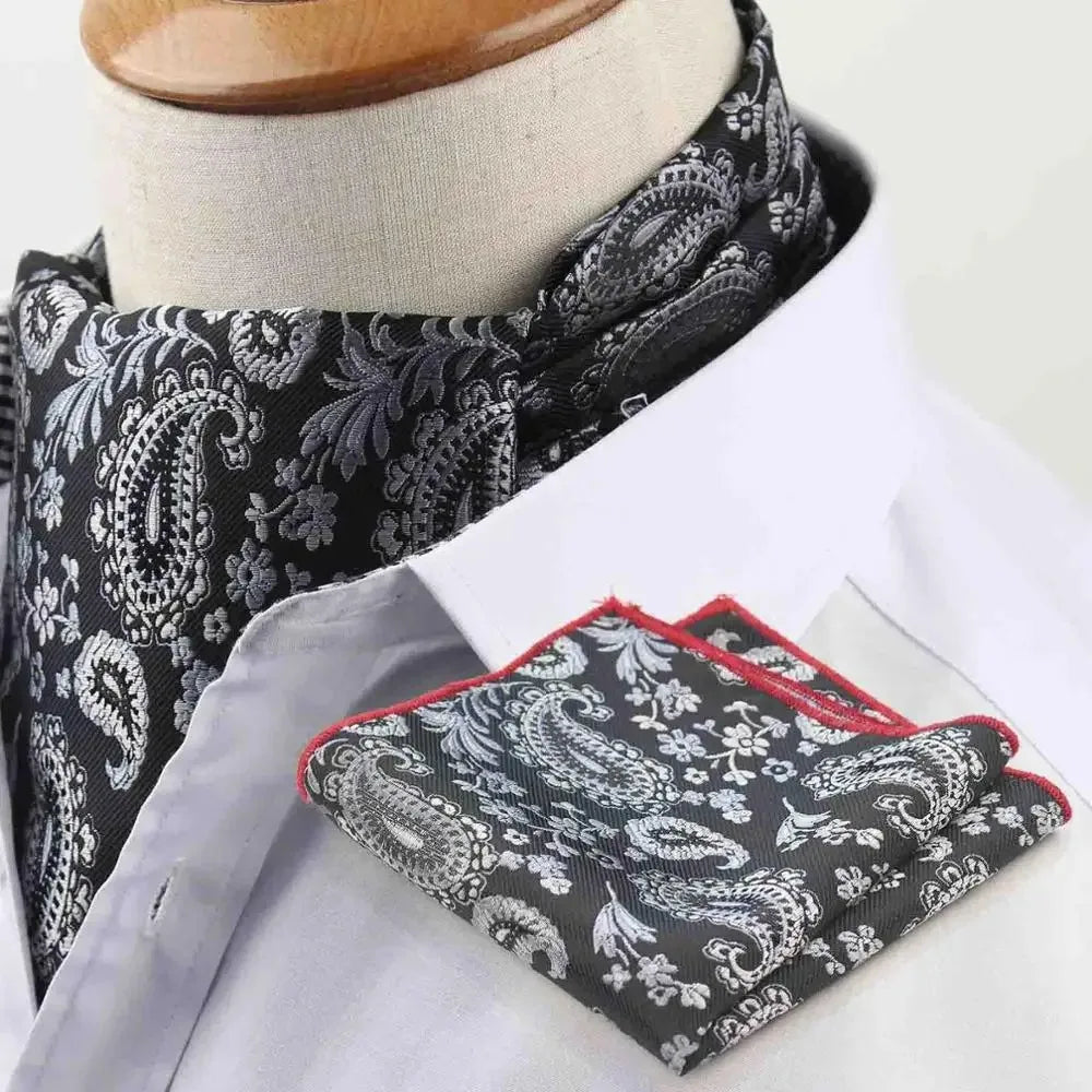 Polyester Cravat Pocket Square Set Formal Necktie Handkerchief Ascot Self Tie Polka Dot Paisley Design Gentleman Necktie Gifts