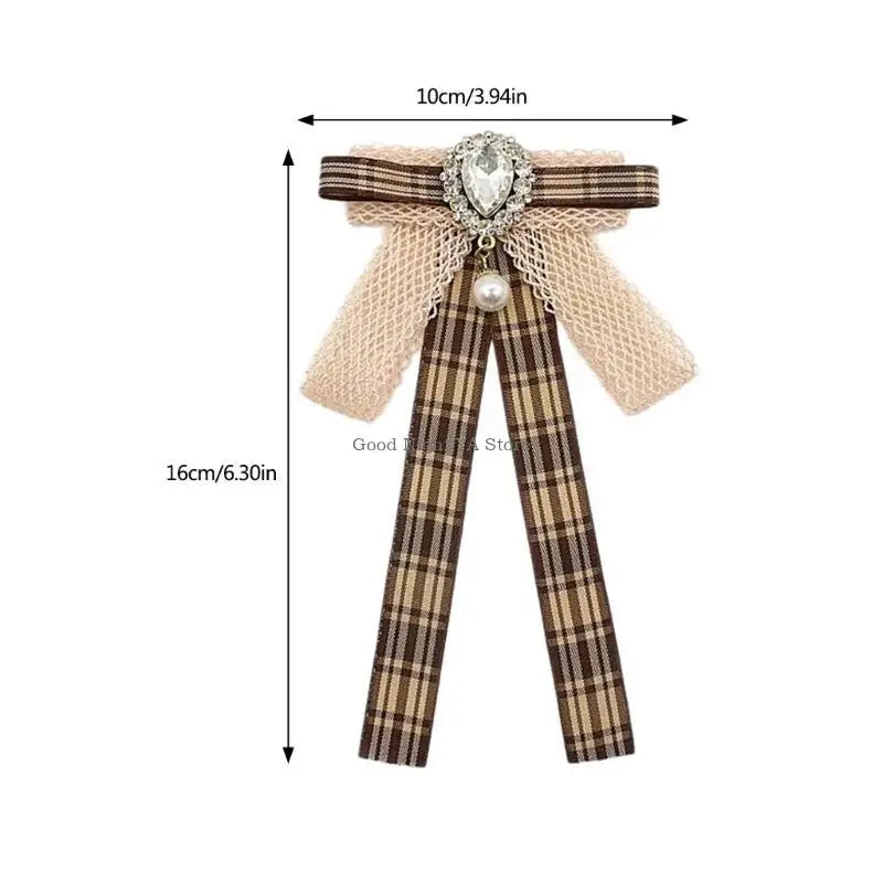 Retro Brown Plaids Bowtie Brooch Pin Uniform Ribbon Bowknot Jabot Collar Necktie
