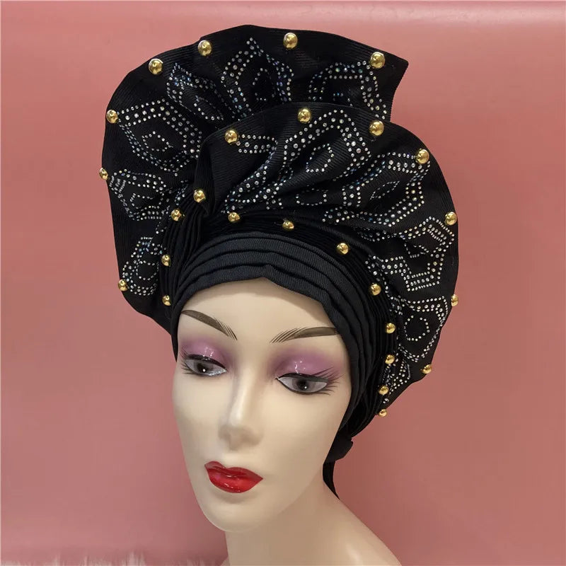 High Quality African Nigeria Gele Elegant Helmet With Stones Headband Turban Head Scarf Head-Hat Auto Gele Brand New Hats 7L5191