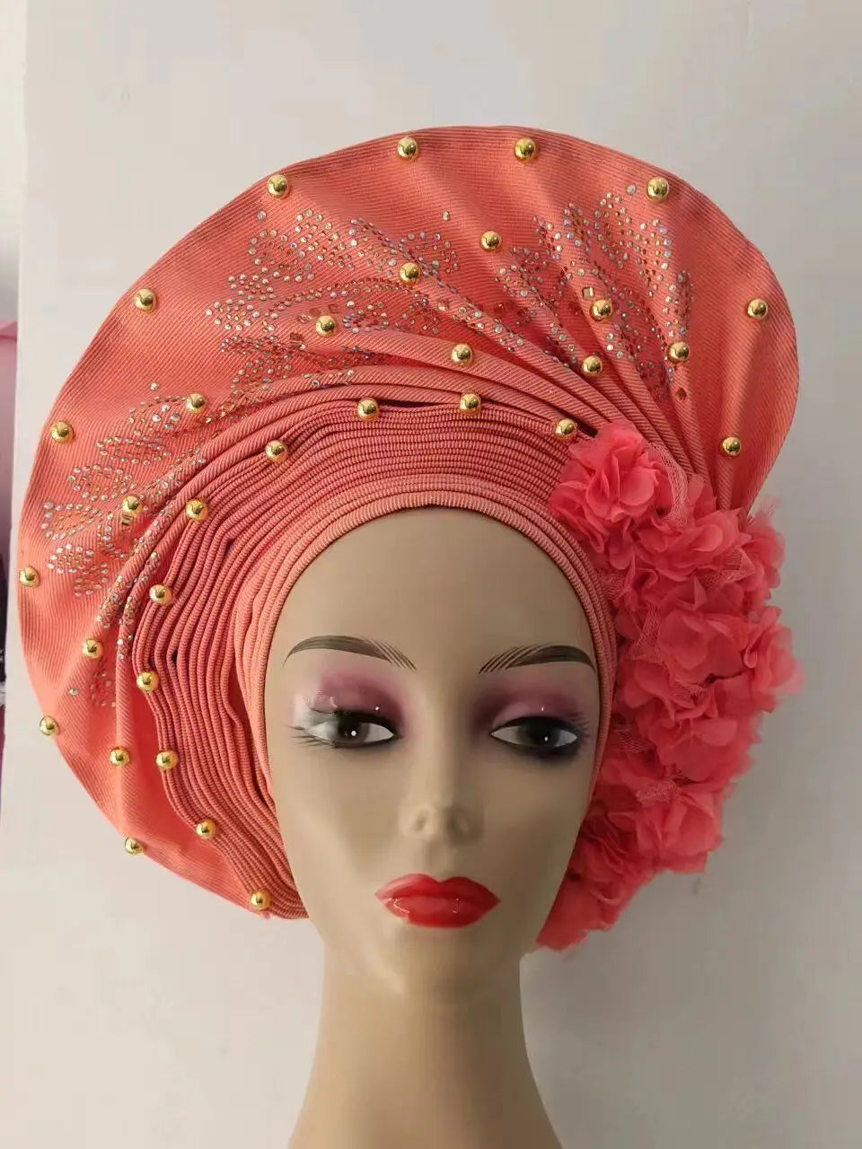 Hot Sale Nigerian Gele Headtie Aso Oke Gele Already Made Auto Gele Aso Turban Women Headwrap Nigerian Hairtie Femme Hats 1Set
