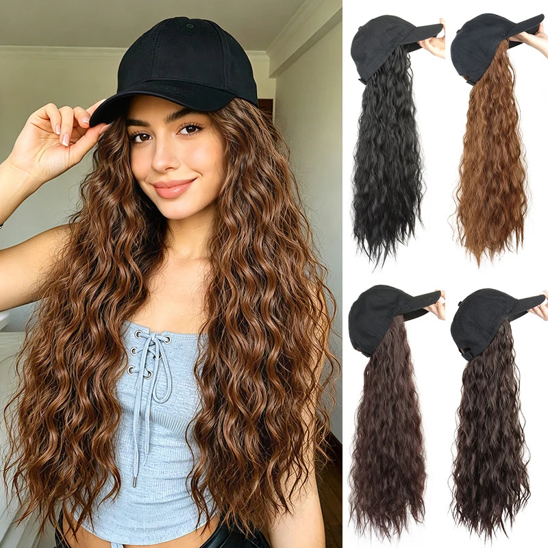 Hat Wig for Women, Integrated Design Baseball Cap Wig, Synthetic Long Curly Wavy Hair Extensions, Adjustable Black Baseball Cap