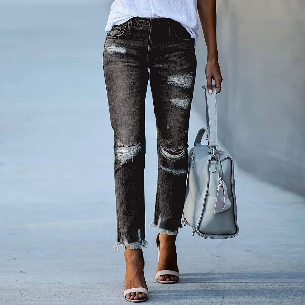 Women Straight Leg Jeans Ripped Distressed Denim Pants Classic Blue Stretch for Casual Daily Wear Skinny Fit