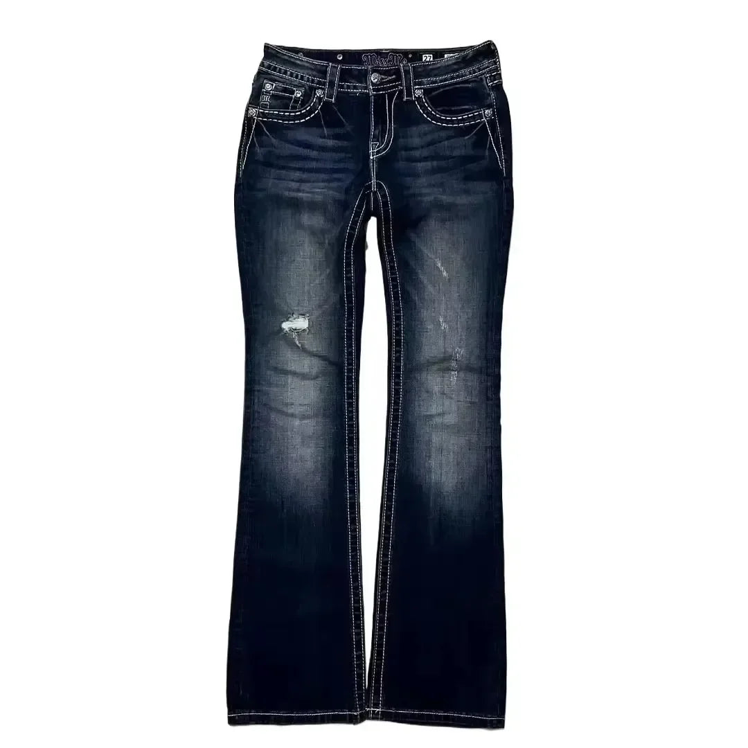 Harajuku Retro High Quality Boot Cut Jeans Women Y2K New Gothic Blue Denim Embroidery Hip Hop Cross Pocket Wide Pants Streetwear