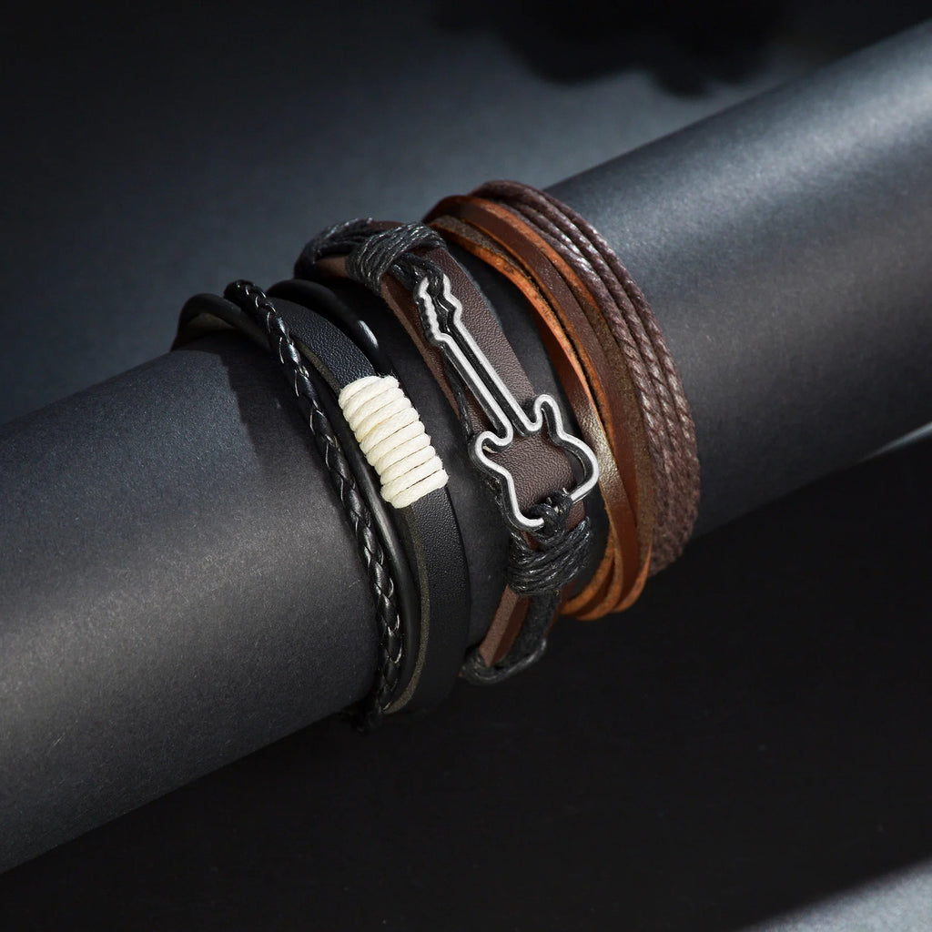 MeMolissa 3/4Pcs/ Set Braided Wrap Leather Bracelet for Men Vintage Life Tree Guitar Wood Beads Fashion Male Bracelets Wristband