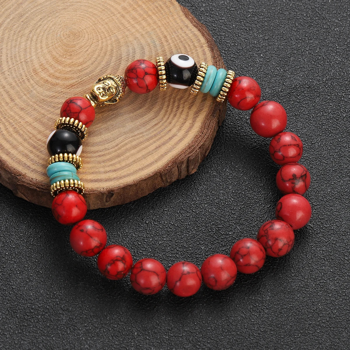 Classic Buddha&Evil Eye Bracelet Women Men 10mm Round Turquoises Blue Stone Bangles Handmade Elastic Yoga Bracelet
