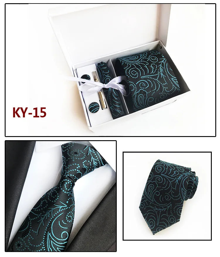 tie set for men gift box for men gravata luxury designer brand 8 cm Jacquard Necktie Pocket Square Clip cufflinks