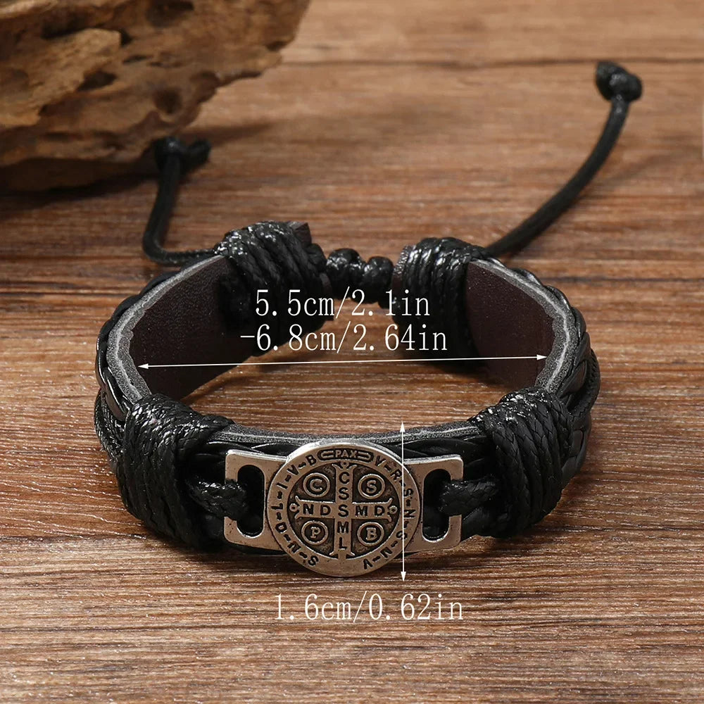 Vintage Handmade Braided Leather Bracelets For Men Myth Cross Scripture Retro Lace-Up Punk Style Leather Bracelet Accessory Gift