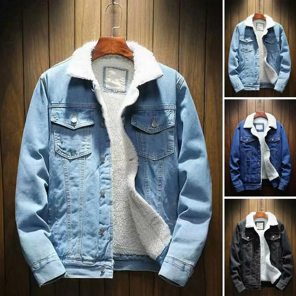 Men Jean Jacket Thicken Lamb Cashmere Lining Men Denim Coat Solid Color Coldproof Outerwear Winter Single Breasted Men Jean Coat