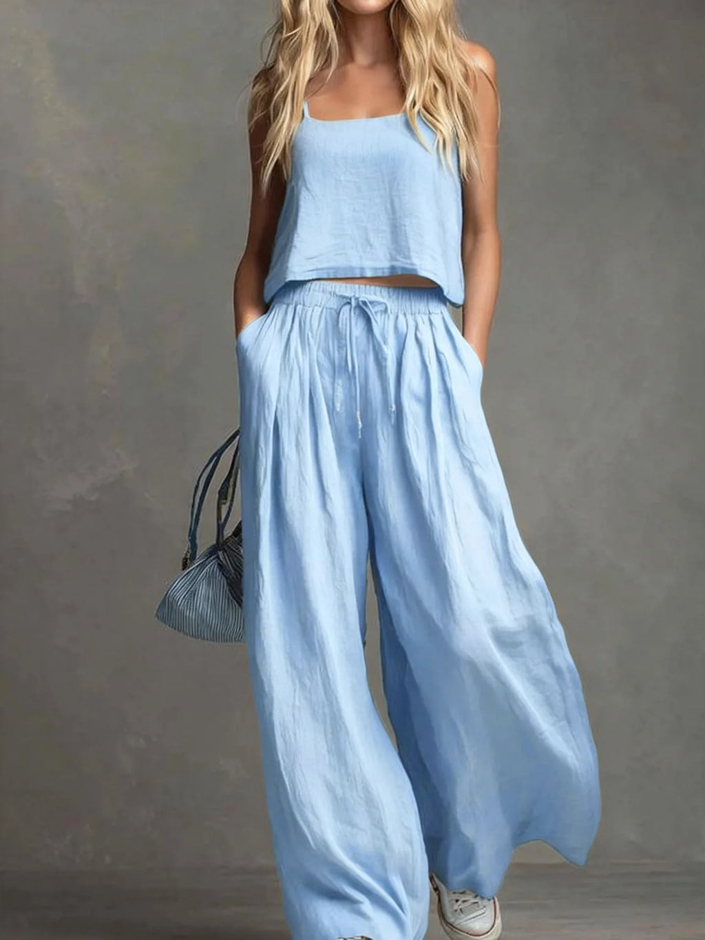 Suspender Top Women + Wide-leg Trousers Women 2piece Set Summer Fashion Elastic Waist Lace-up Pocket Trousers Casual Suit Female