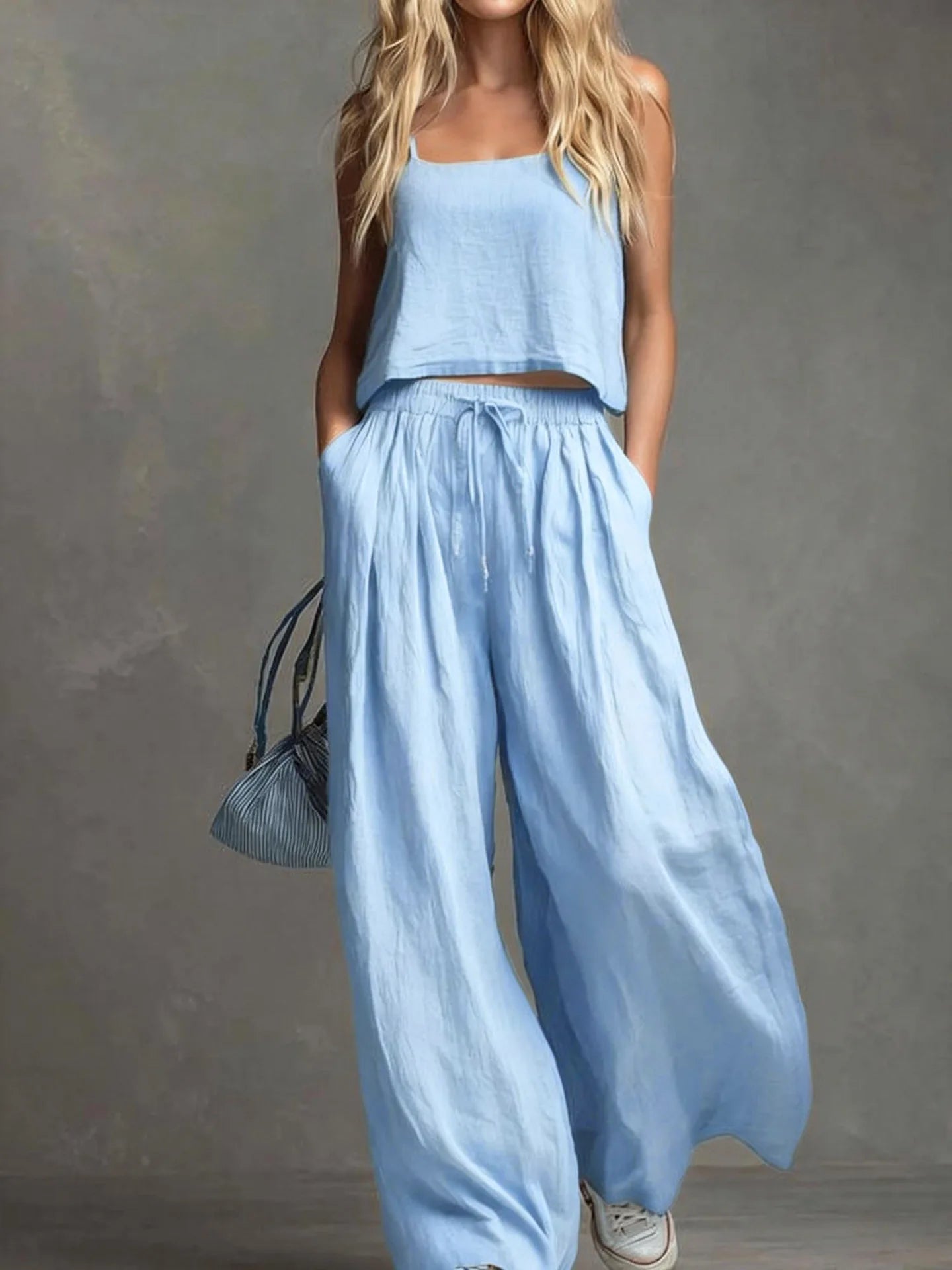Suspender Top Women + Wide-leg Trousers Women 2piece Set Summer Fashion Elastic Waist Lace-up Pocket Trousers Casual Suit Female